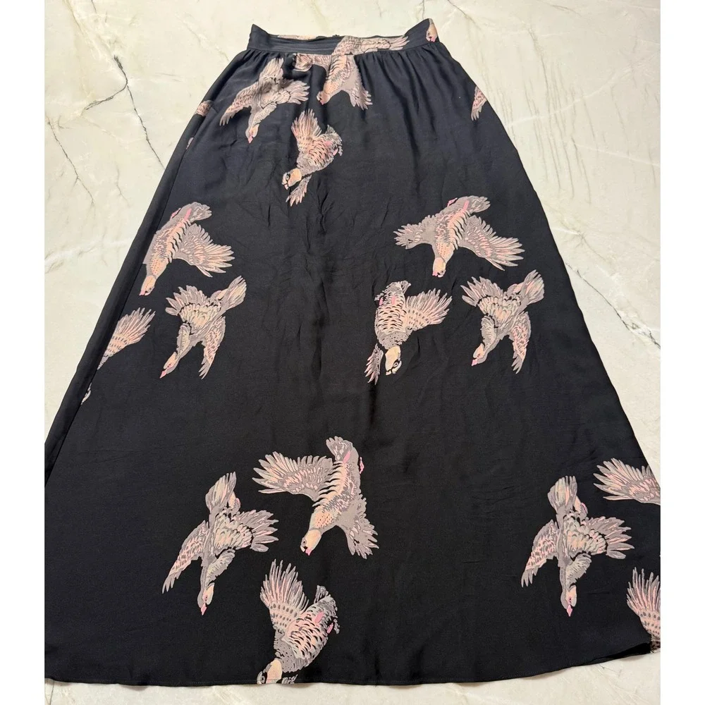 Tucker Gaby Basora Black Bird Print Silk Maxi Skirt Womens XS High Waist Boho